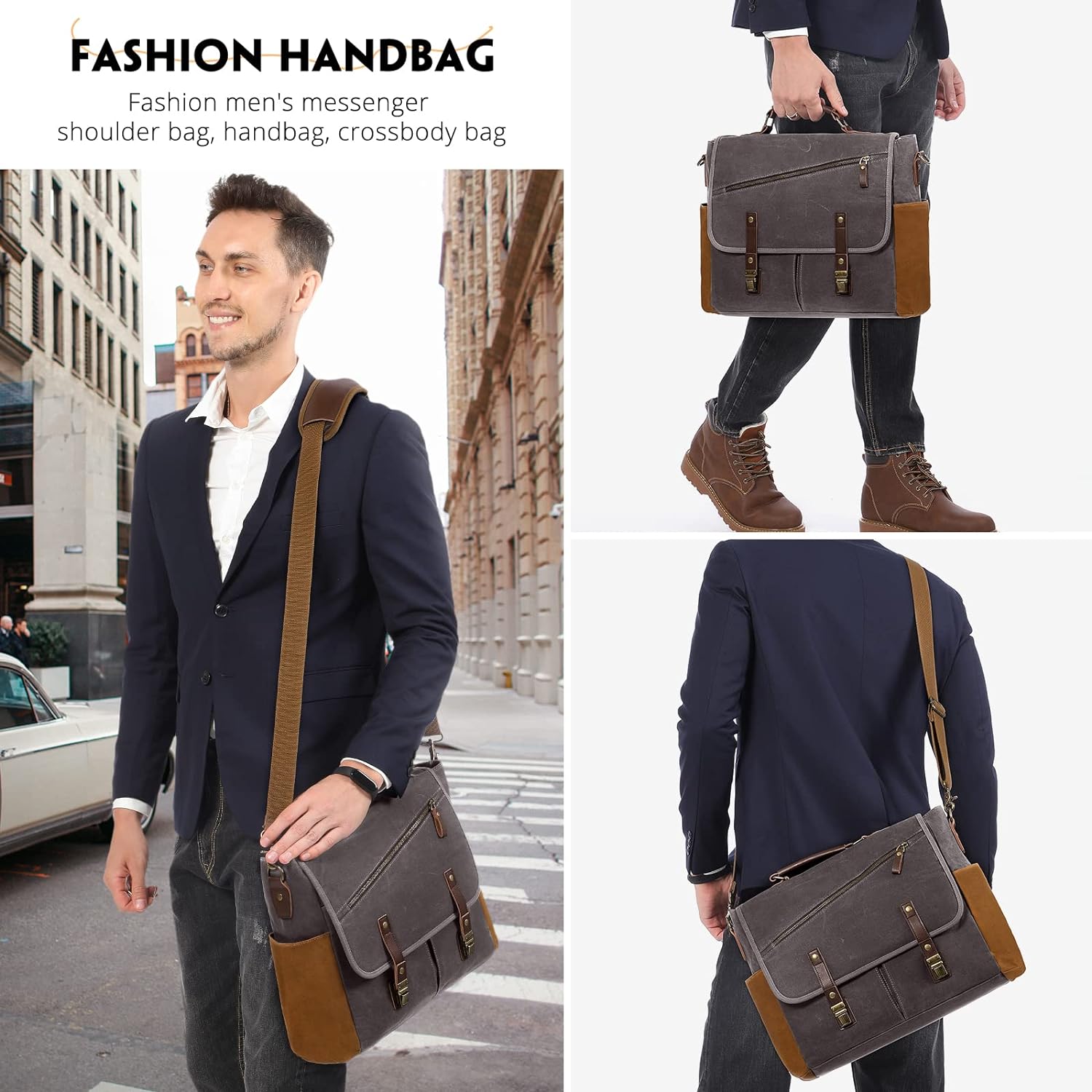 LOVEVOOK Mens Messenger Bag， 15.6 Inch Waterproof Waxed Canvas Briefcase Vintage Leather Computer Laptop Book Bag Large Satchel Shoulder Bag for Work， Travel， School - Image 6